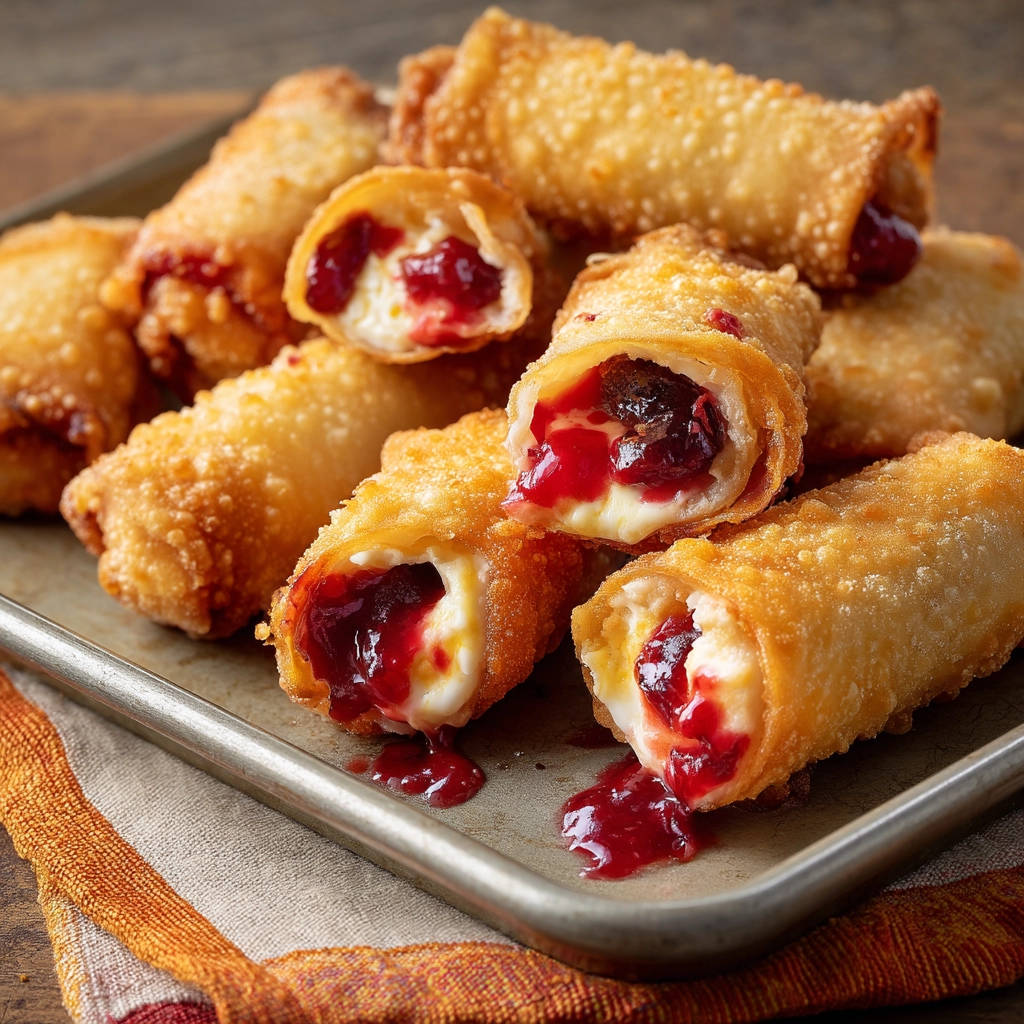 Easy Cherry Cream Cheese Rolls cross-section showing gooey filling and crisp fried wrapper.