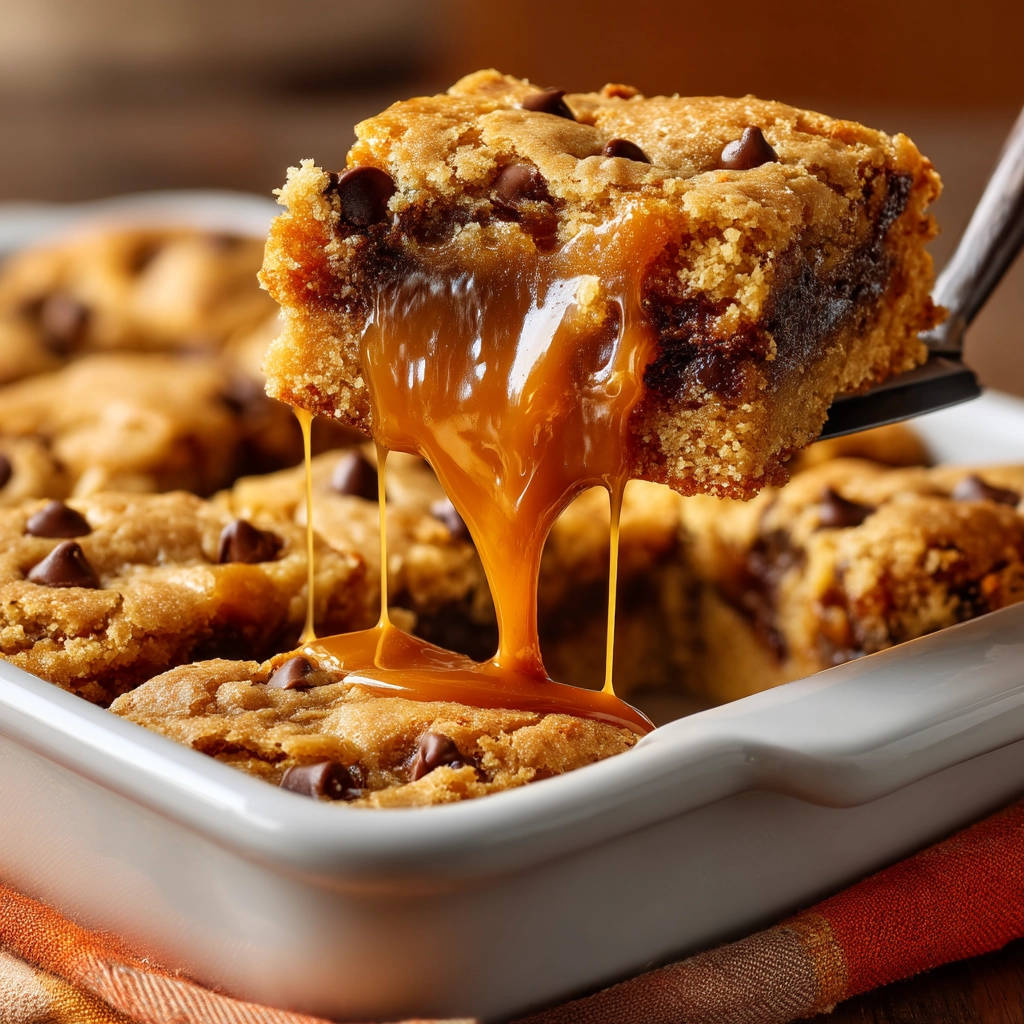 Chewy chocolate caramel cookie bars with thick caramel oozing from a lifted slice.