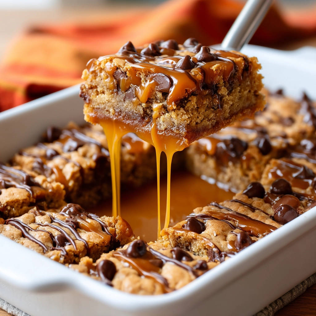 Chewy chocolate caramel cookie bars with a slice being lifted, showing rich caramel oozing down.