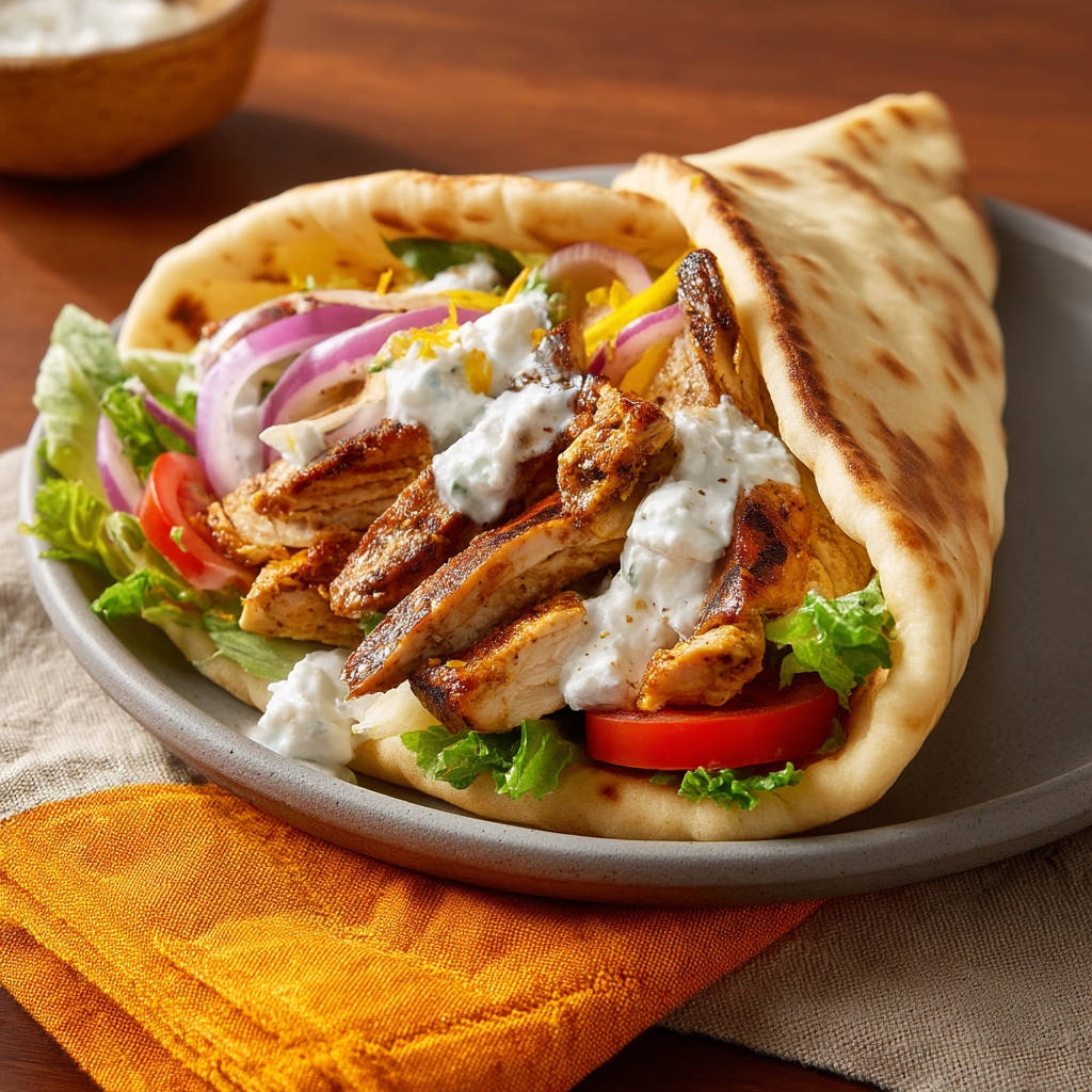 Easy chicken gyros are served in a fluffy pita wrap, showcasing juicy grilled chicken and fresh vegetables with a creamy sauce.