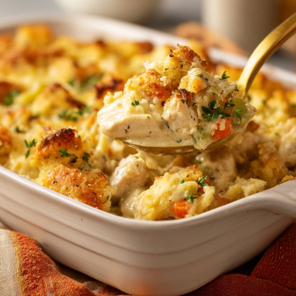 Chicken pot pie casserole with a spoonful lifted, showing creamy filling and golden breadcrumb topping.