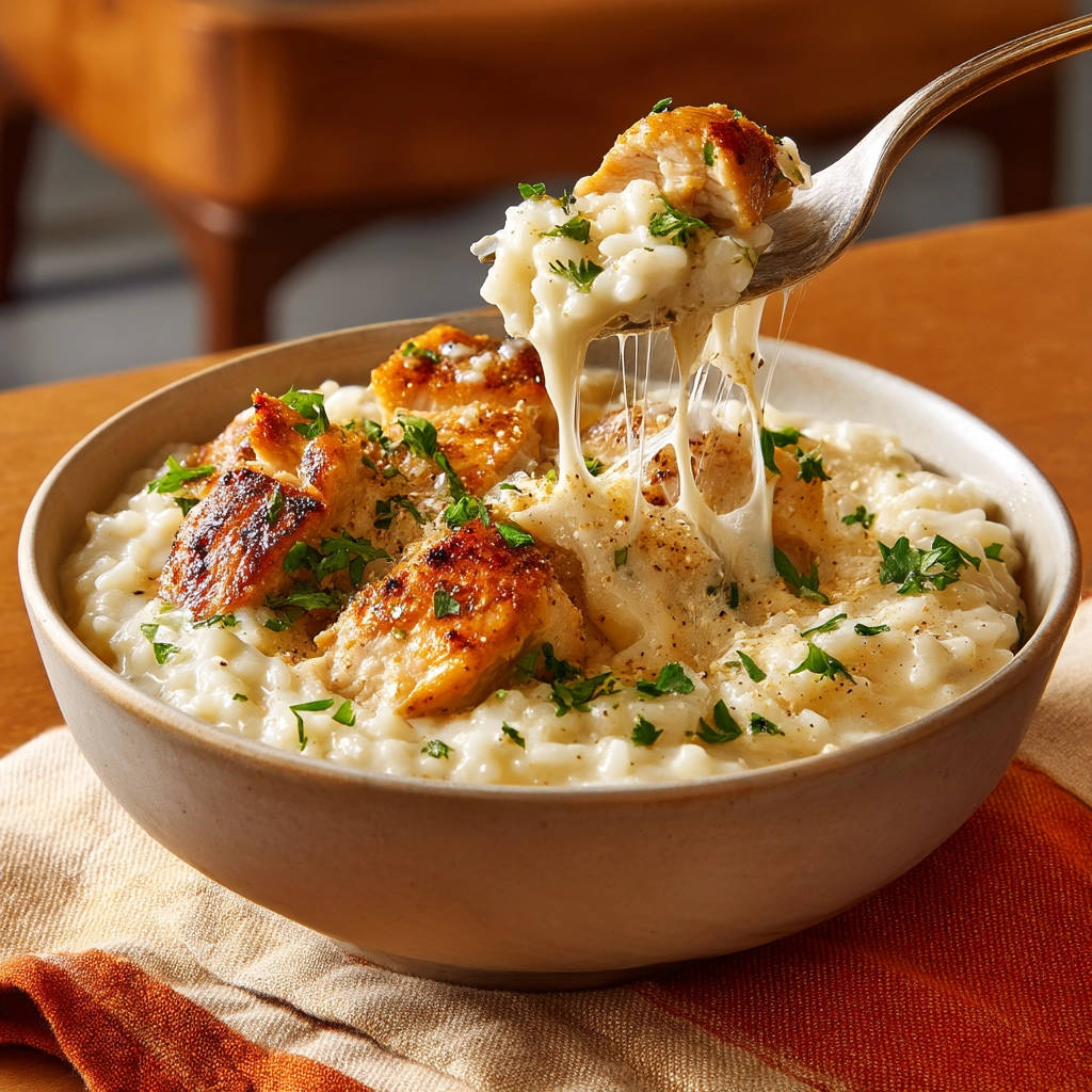 Chicken risotto with a cheesy cheese pull shown on a spoon, garnished with parsley.