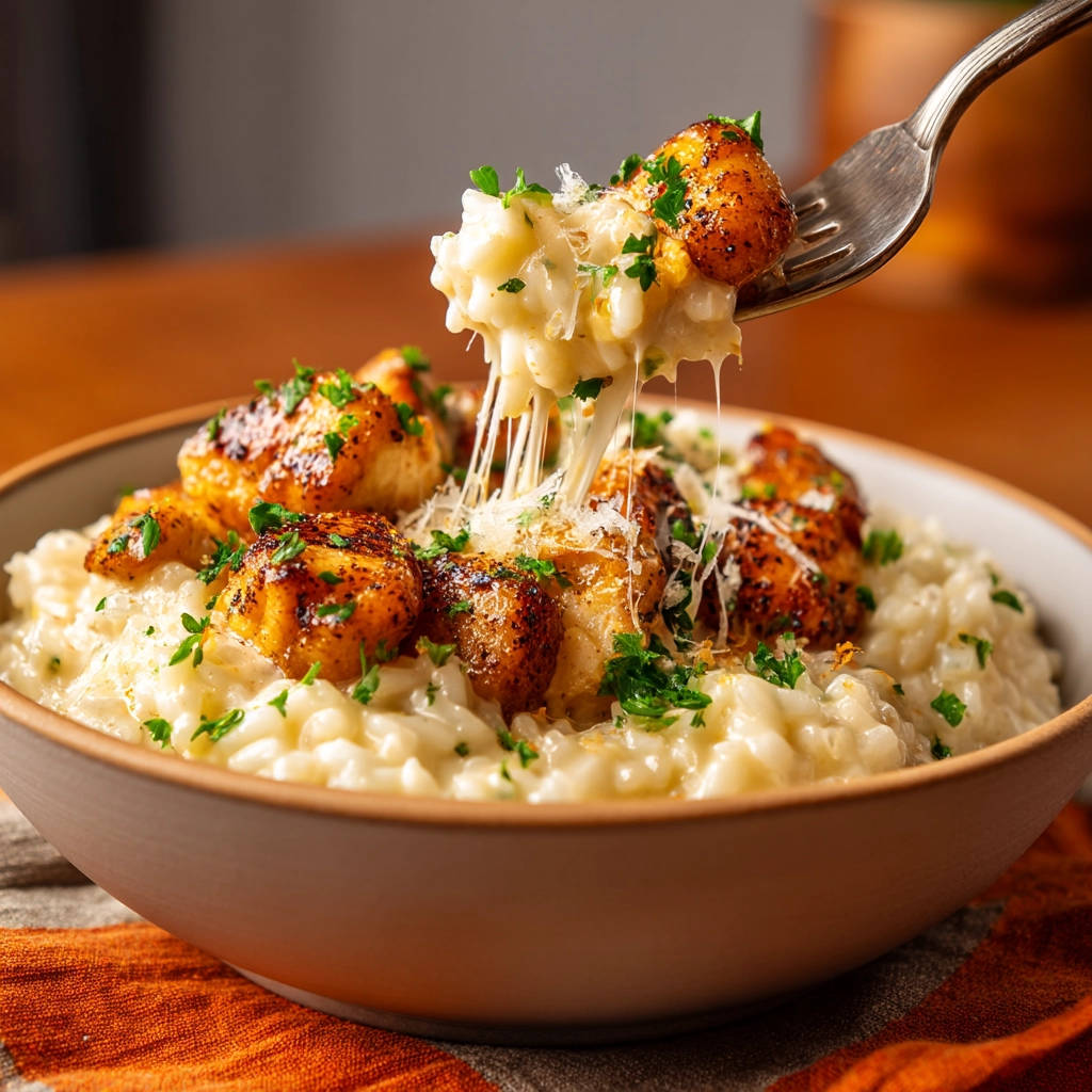 Chicken risotto with a fork pulling up a cheesy, creamy serving, showcasing melted cheese strands.