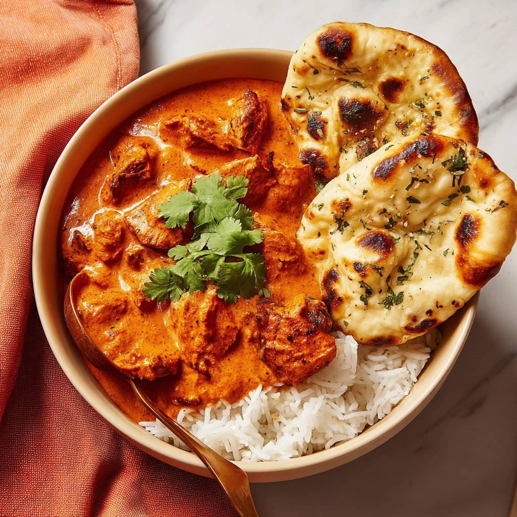 Creamy Chicken Tikka Masala served in a bowl with rice and naan, viewed from an overhead perspective.