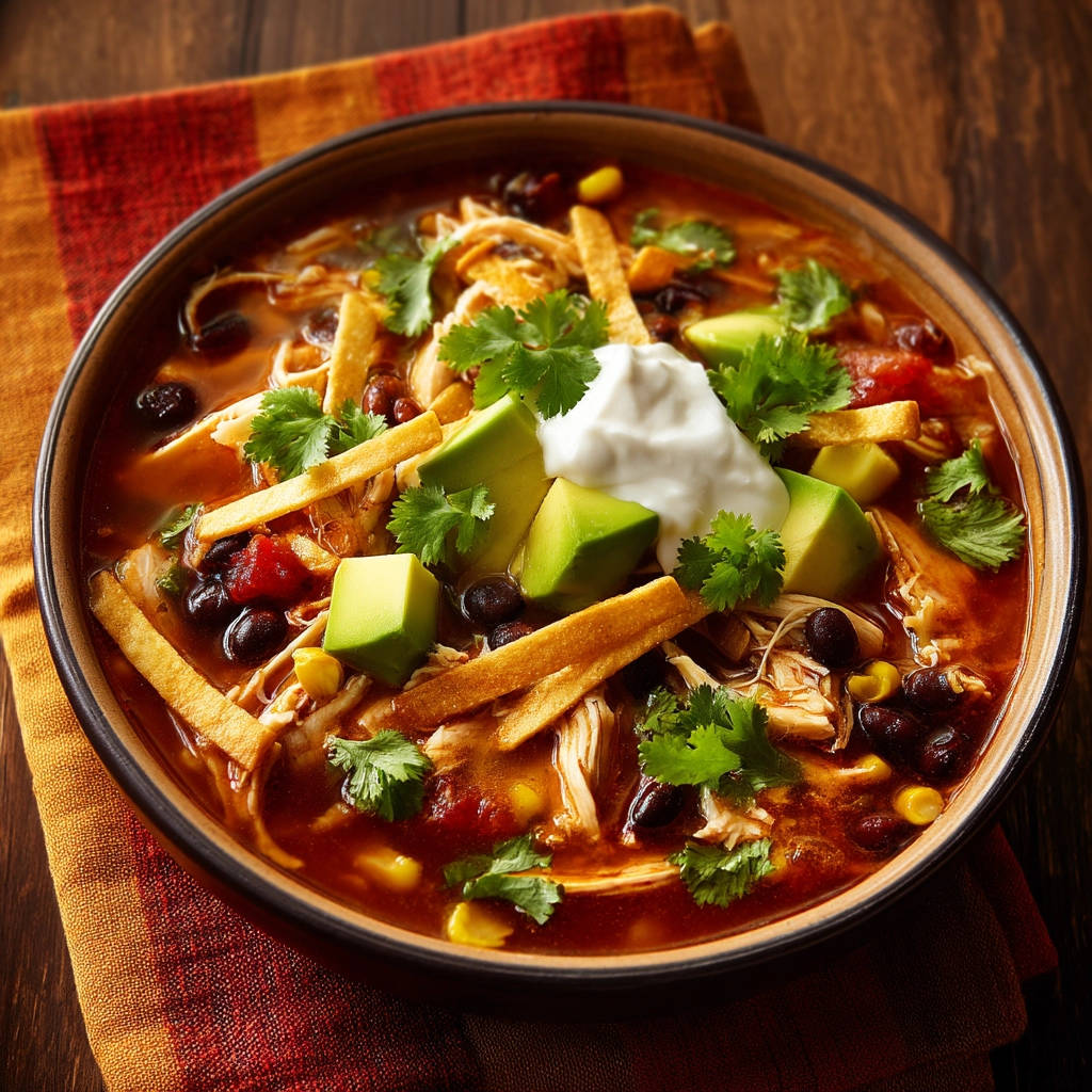 Chicken tortilla soup in a bowl, generously garnished with avocado, cilantro, and sour cream.