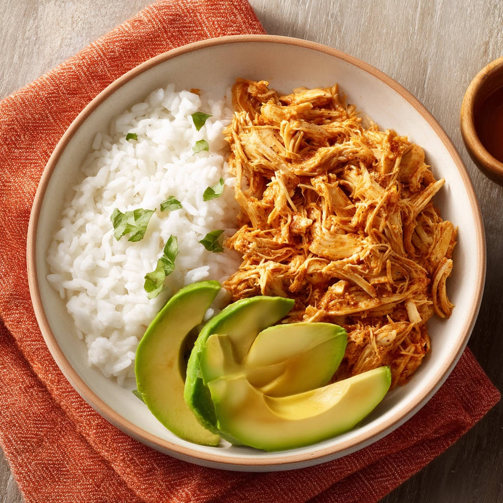 Chipotle chicken bowls with rice and avocado slices served in a bowl, seen from an overhead perspective.