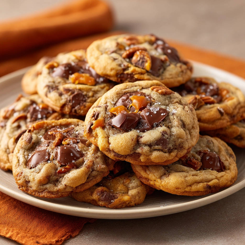 Chocolate Caramel Pecan Cookies piled high on a plate, showing chunks of chocolate and pecans.