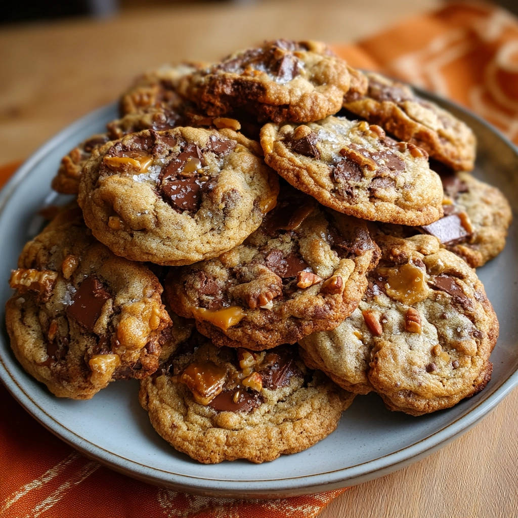 Chocolate caramel pecan cookies piled high on a plate, showcasing melty chocolate and gooey caramel.