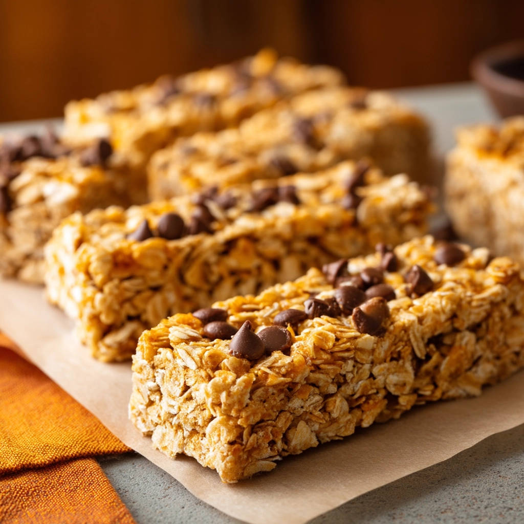 Homemade chocolate chip granola bars that never crumble, shown in a close-up view highlighting their textured, chewy composition.