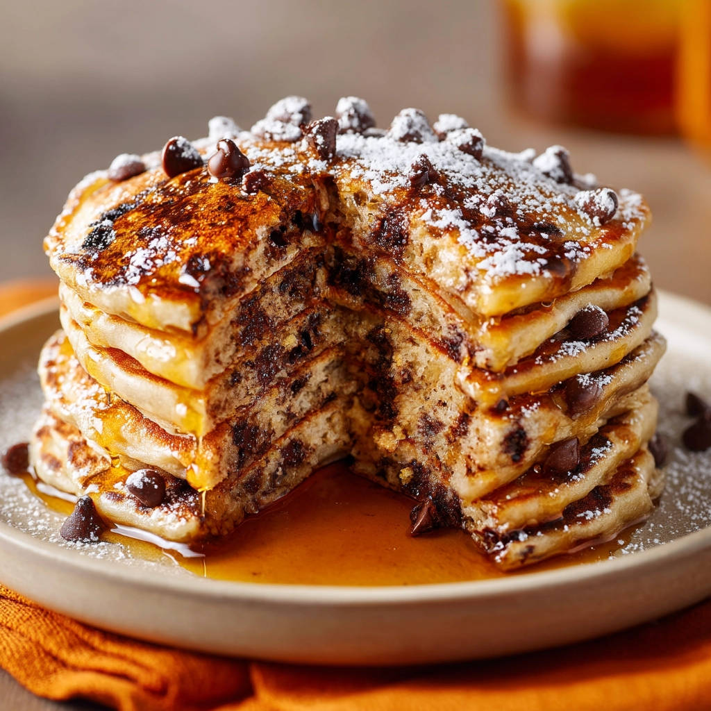 Chocolate chip pancakes, a tall stack with a cross-section revealing gooey chocolate chips and powdered sugar.