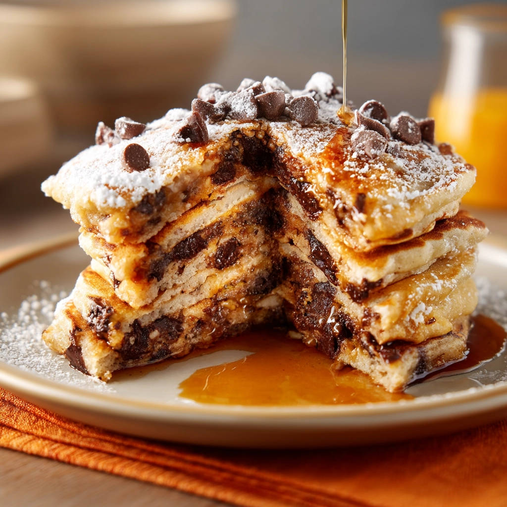 Chocolate chip pancakes cross-section revealing gooey chocolate chips and syrup being poured on top.