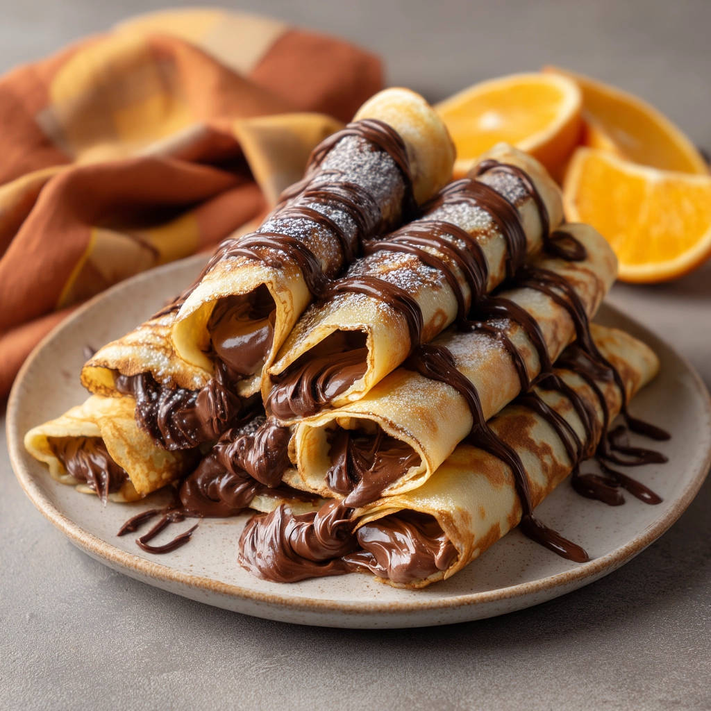 Dreamy chocolate crepes filled with Nutella and drizzled with chocolate sauce, dusted with powdered sugar.