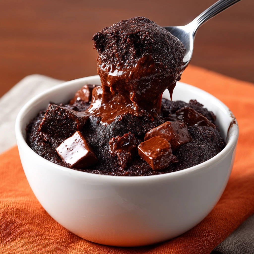 Chocolate fudge mug cake with a spoonful being lifted, revealing rich, moist texture and chocolate chunks.