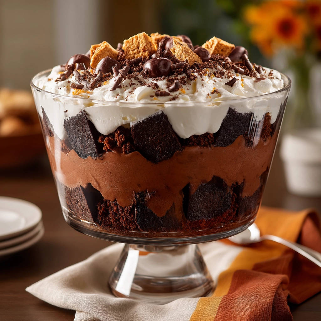 Chocolate layered trifle in a glass dish, showcasing layers of cake, mousse, and whipped cream with toppings.