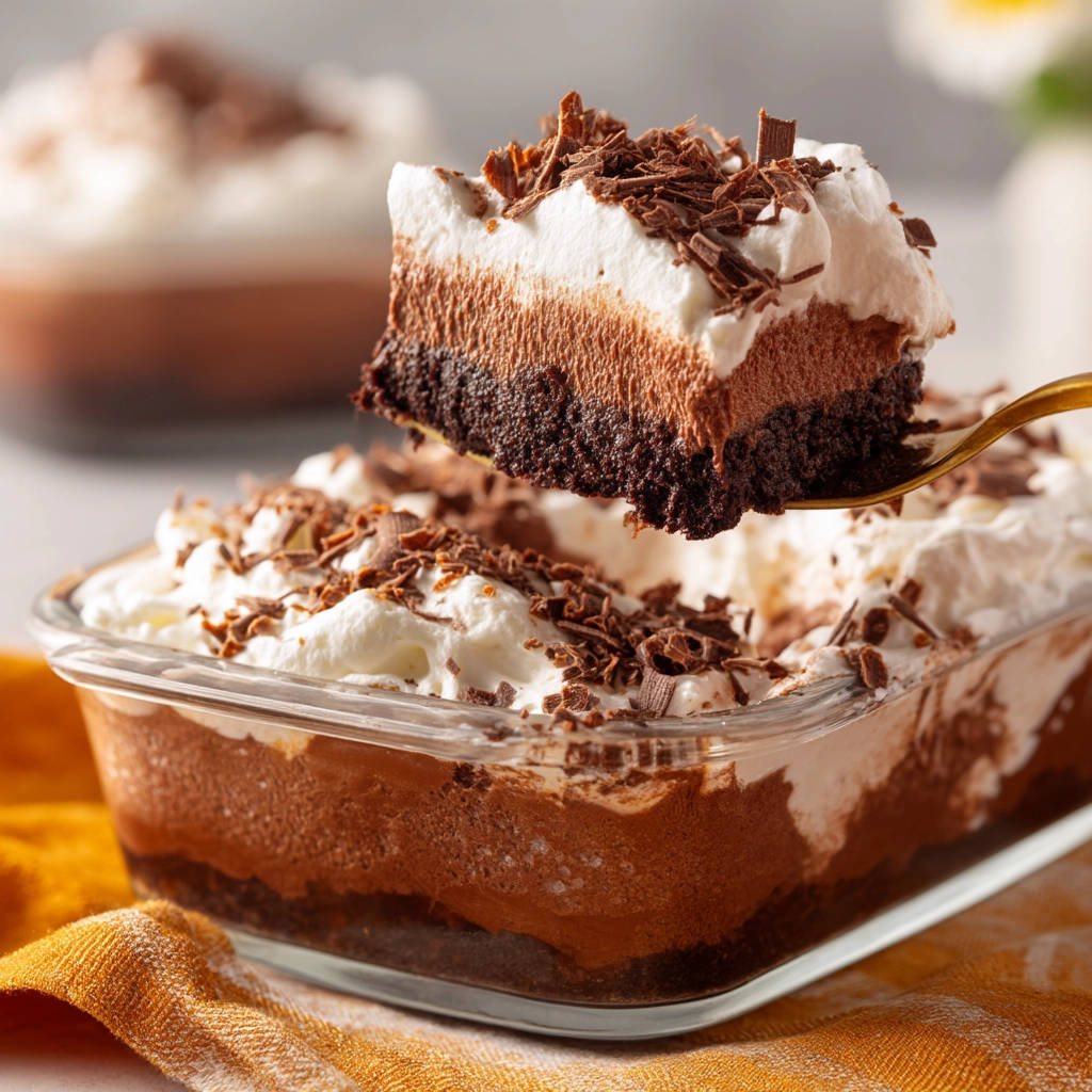 Decadent Chocolate Lush showing a perfect cross-section slice being lifted with a golden spoon.