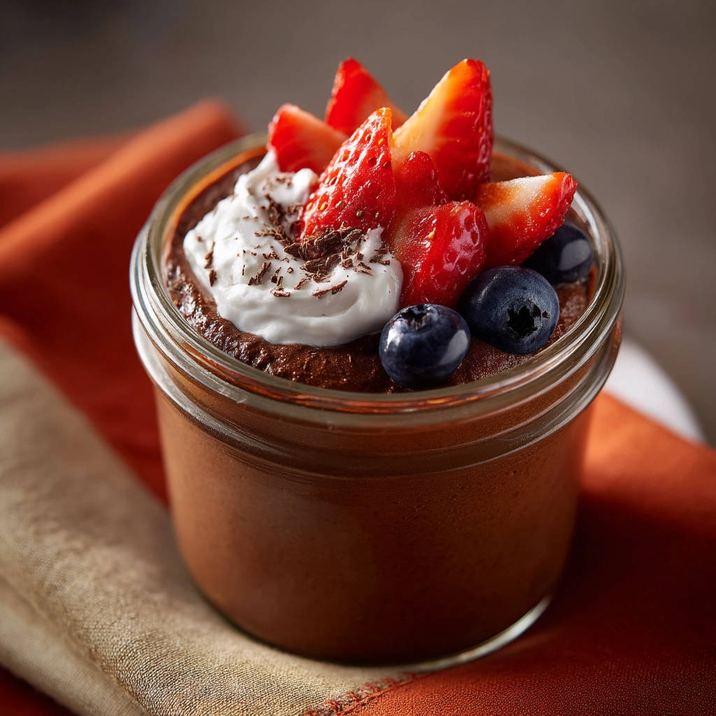 Silky smooth chocolate mousse in a jar, beautifully garnished with fresh strawberries, blueberries, and whipped cream.
