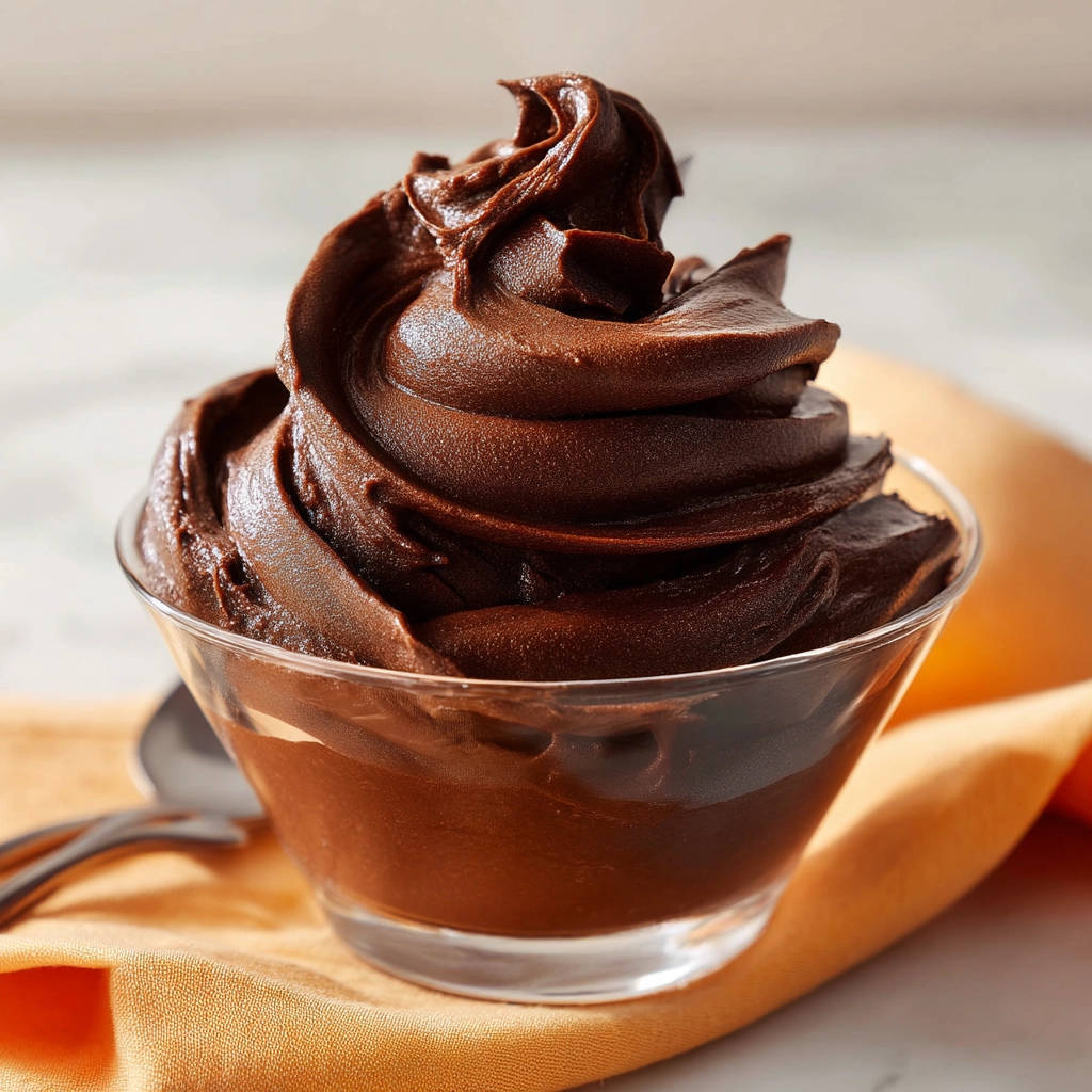 Dreamy chocolate mousse swirled high in a glass bowl, showcasing its rich texture.