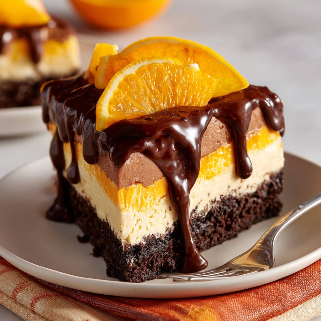 Chocolate orange layer bars, a no-squish recipe, shown as a single slice with rich chocolate ganache drizzled over layers and topped with orange slices.