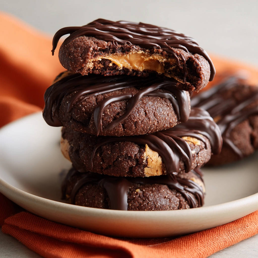 Chocolate peanut butter cookies cross-section showing gooey peanut butter filling and chocolate drizzle.