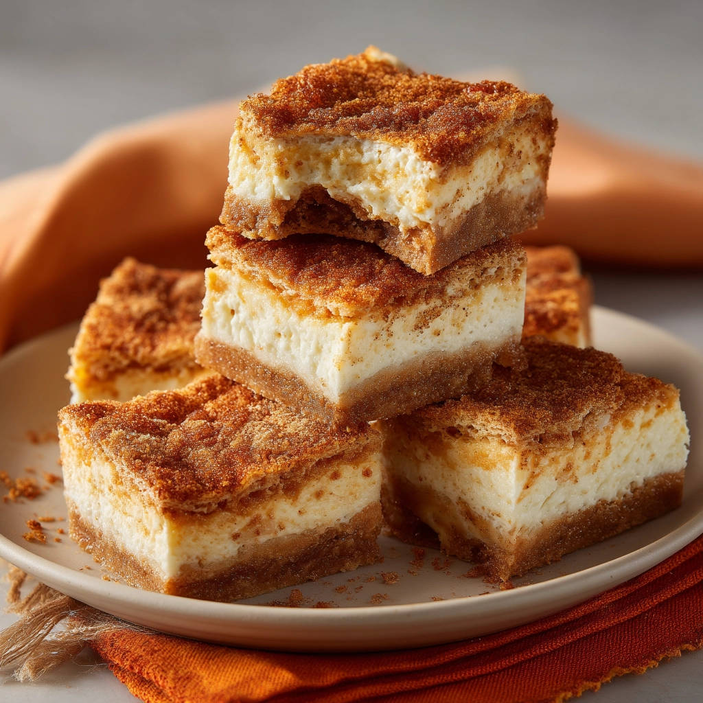 Cinnamon crumble cheesecake bars stacked with a close-up cross-section showing the creamy filling and graham cracker crust.