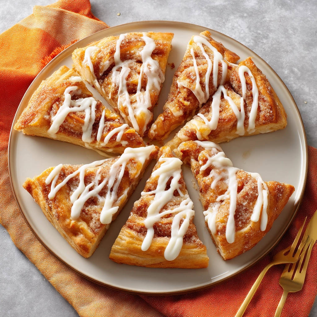 Easy cinnamon roll triangles no rolling needed, arranged on a plate with a white glaze drizzle.