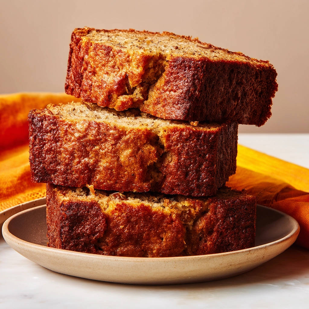Classic banana bread shown as three stacked slices on a plate with a textured interior.