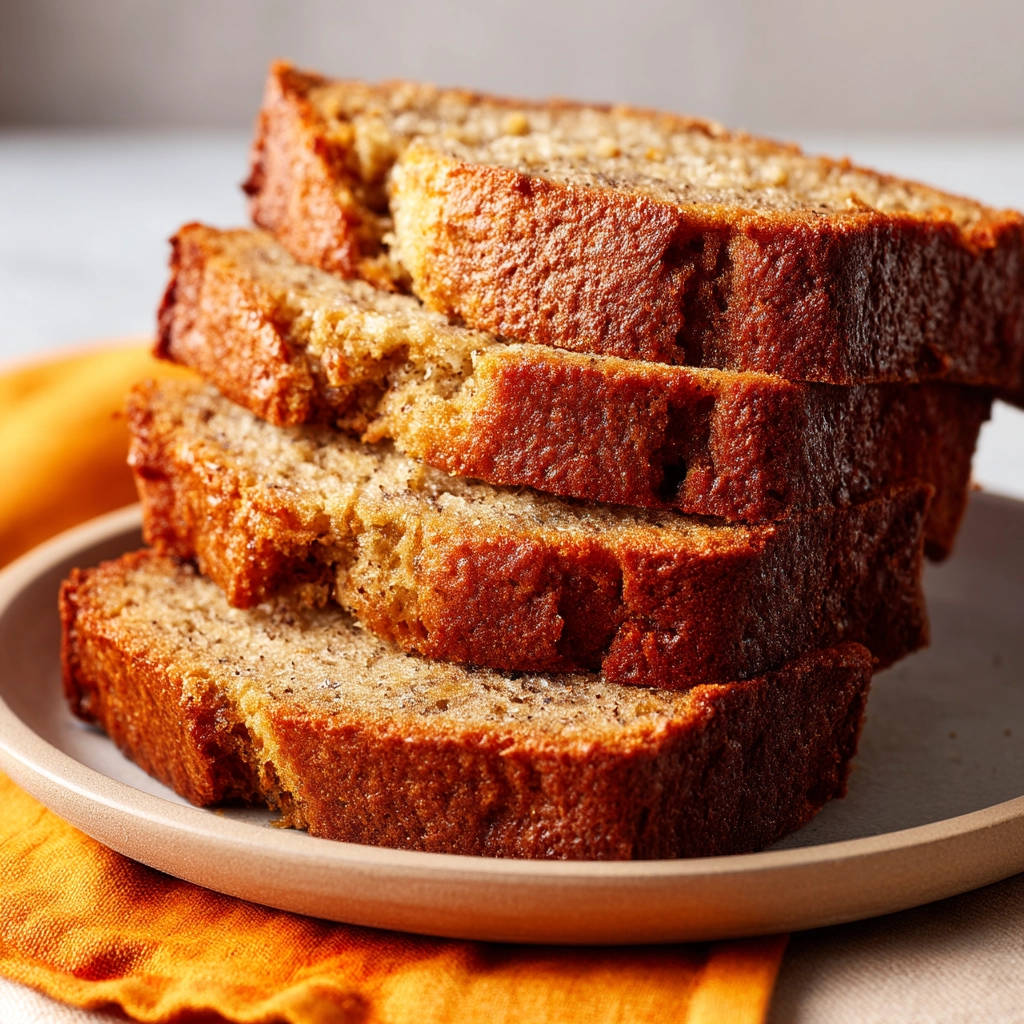 Classic banana bread shown as a stack of fluffy, golden-brown slices on a plate with an orange napkin.