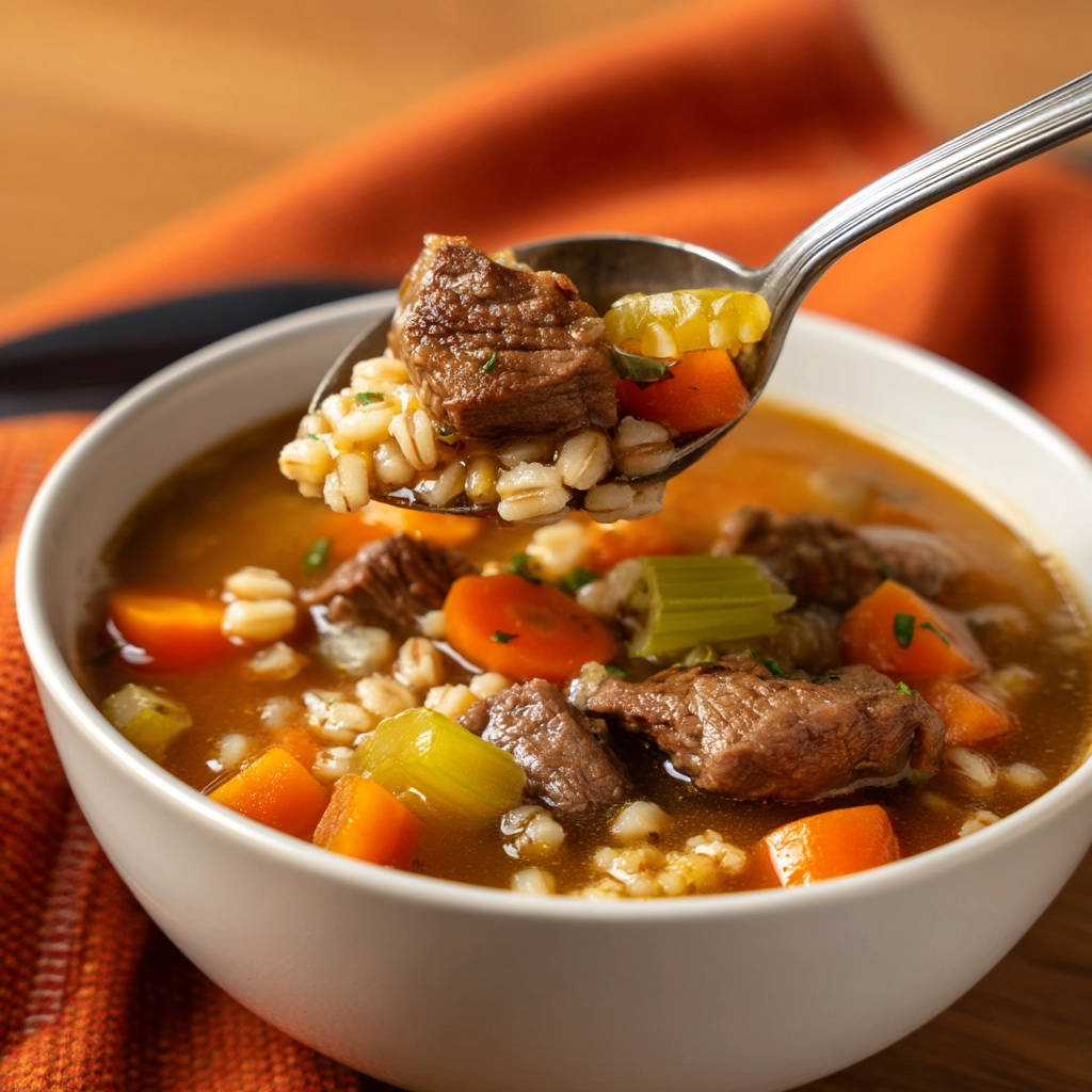 Classic beef and barley soup shown in a close-up spoonful, highlighting tender beef and barley.
