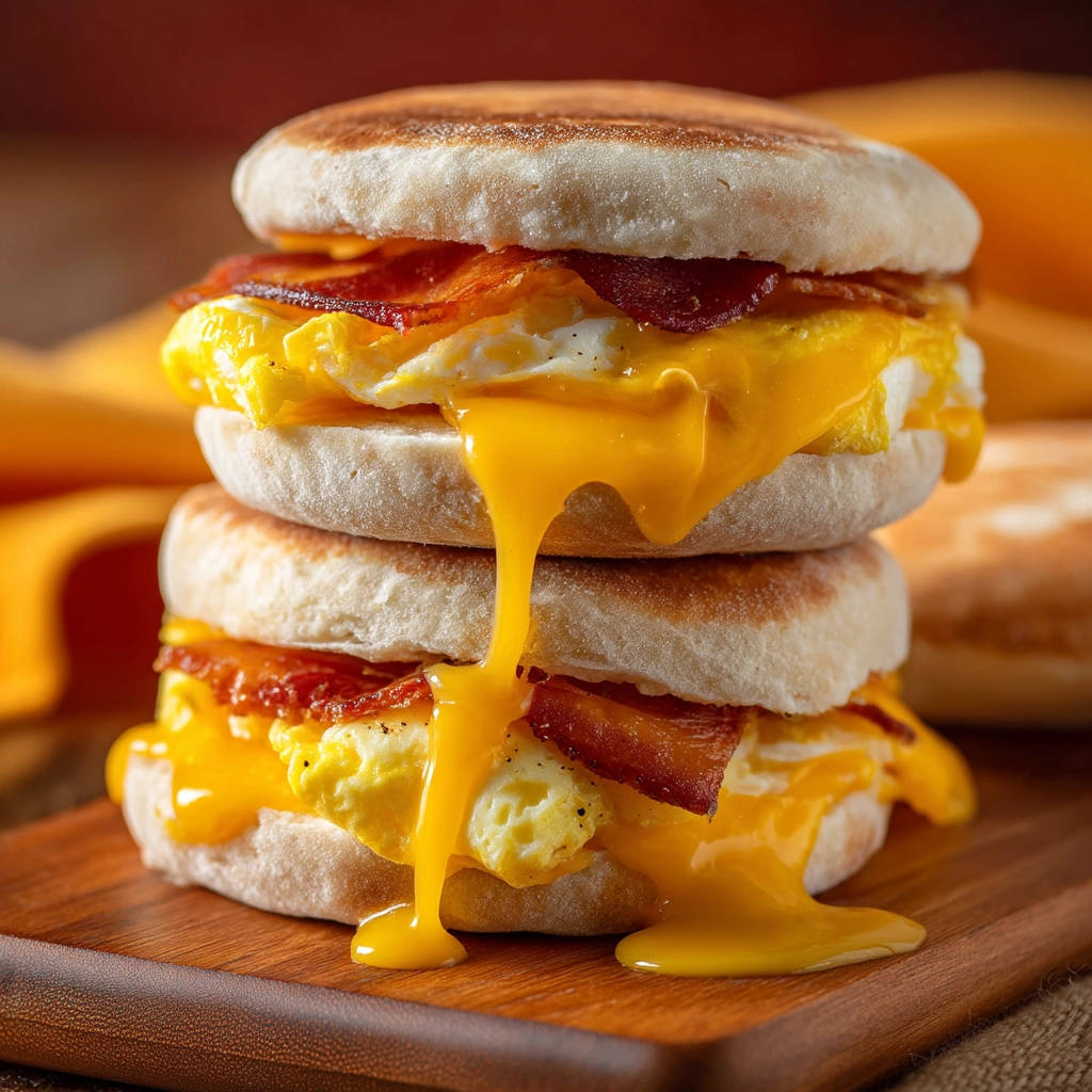 Classic breakfast sandwich featuring a double stack of fluffy eggs and bacon, with gooey cheese dripping down.