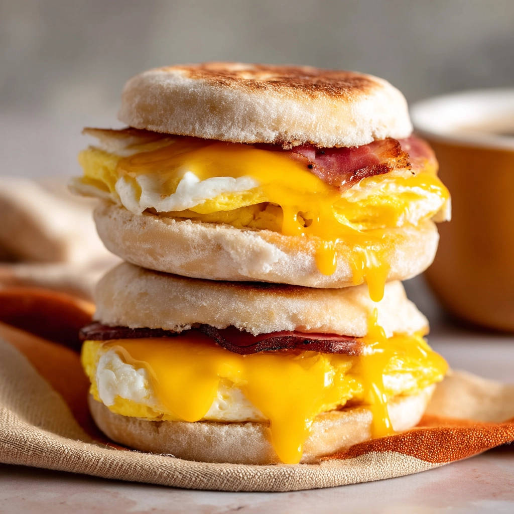 Classic breakfast sandwich stacked high with fluffy eggs and melted cheddar cheese, showcasing a gooey cheese pull.