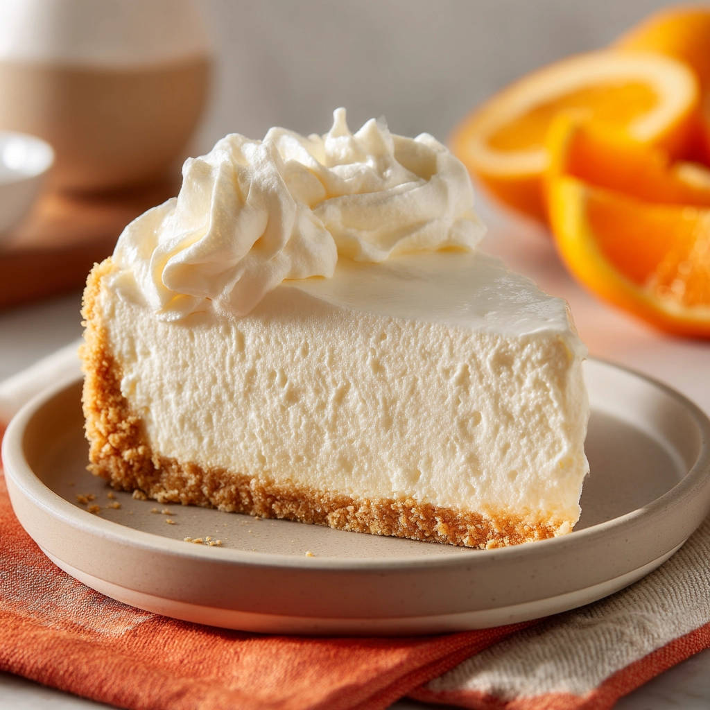 Classic creamy cheesecake slice with whipped topping, served on a plate with oranges in the background.