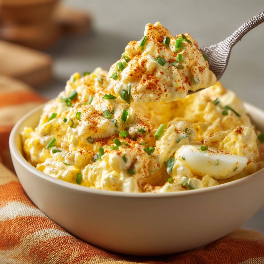 Classic creamy egg salad with chives and paprika, a spoonful being lifted to show texture.