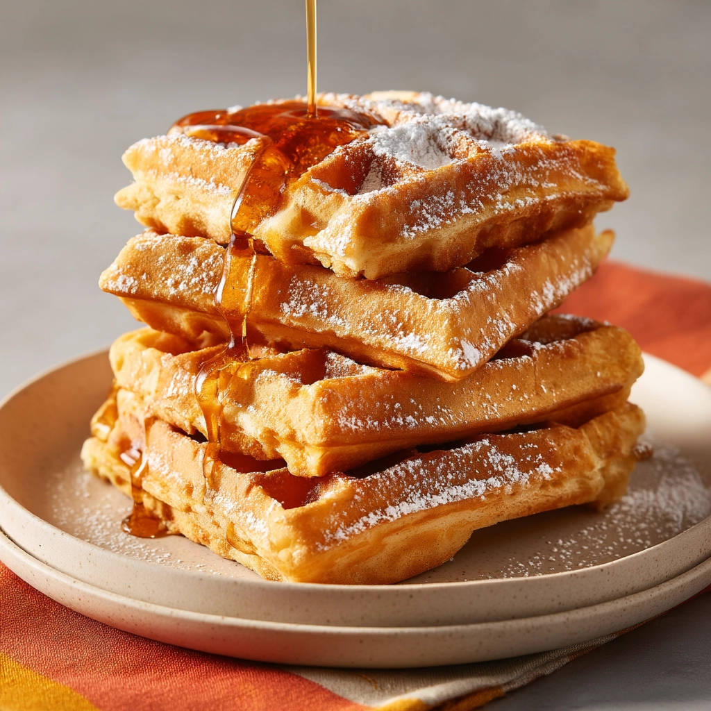 Classic fluffy waffles stacked high and drizzled with golden syrup and dusted with powdered sugar.