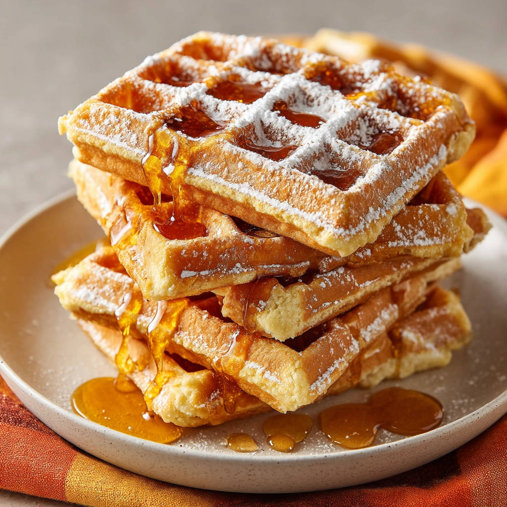 Classic fluffy waffles generously drizzled with golden syrup and dusted with powdered sugar.