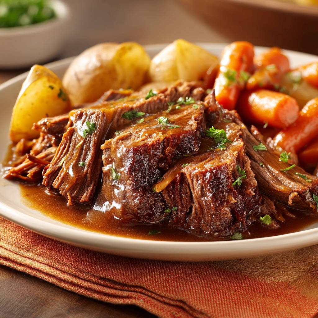 Classic pot roast sliced and served with tender carrots and potatoes in rich gravy.