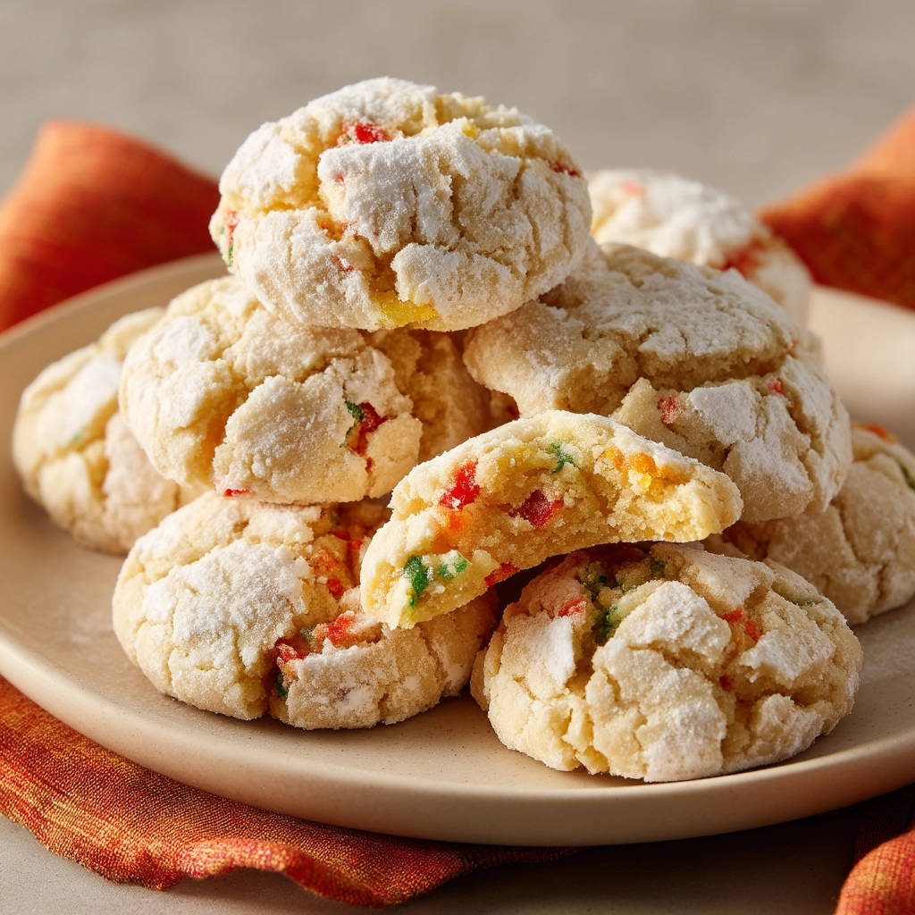 Classic powdered sugar cookies with a cross-section view revealing soft chewy texture and colorful candied fruit pieces.