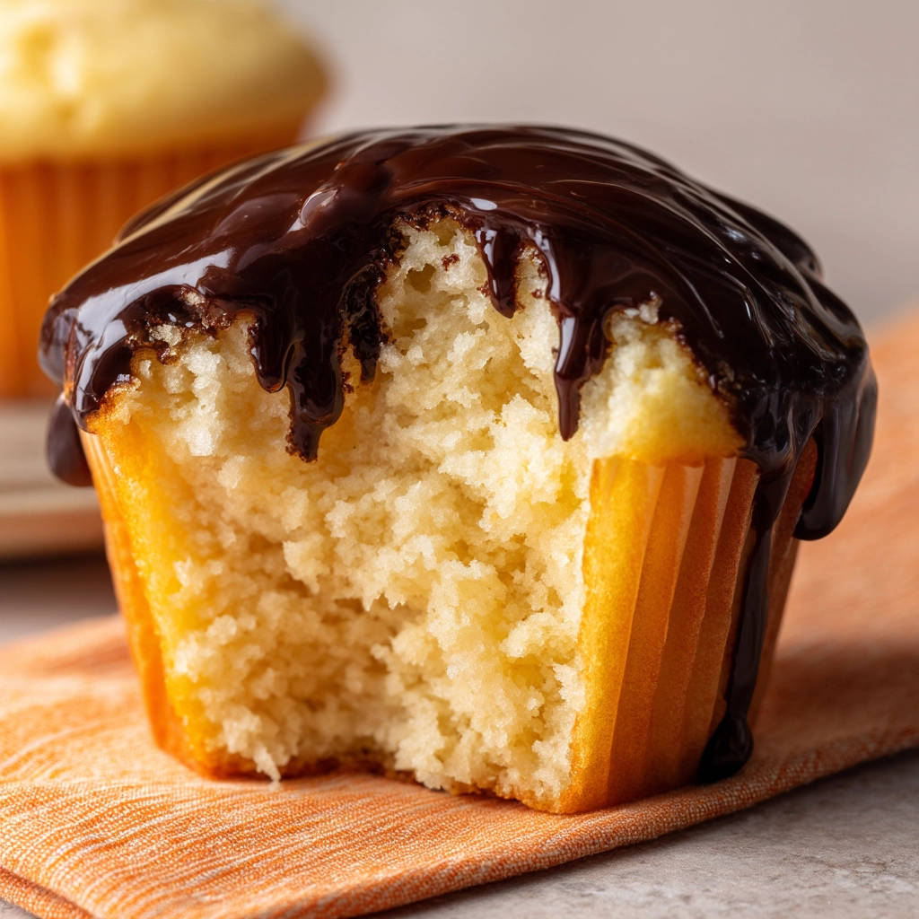 Classic vanilla cupcakes with a rich chocolate drizzle, showing a bite taken out of the moist interior.