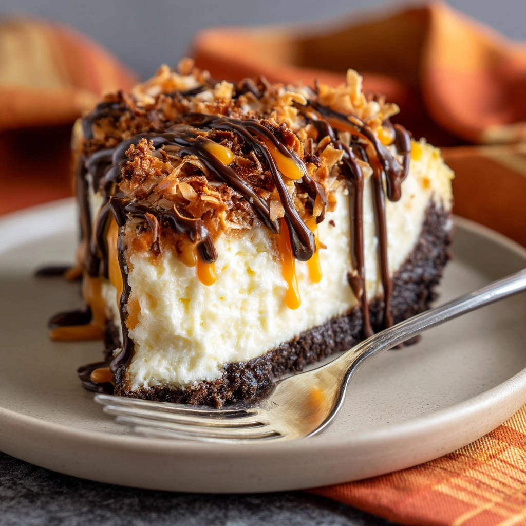 Coconut Caramel Chocolate Cheesecake (No Crack!) shown as a close-up cross-section slice with chocolate and caramel drizzle.