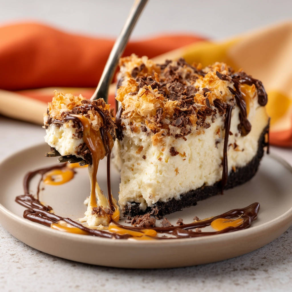 Coconut caramel chocolate cheesecake slice on a fork, with caramel and chocolate drizzle on a plate.