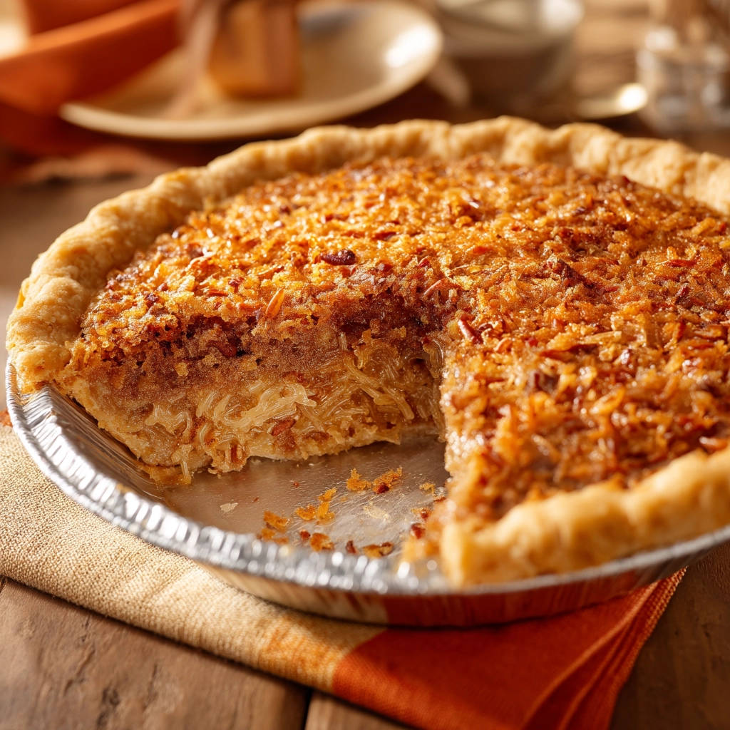 Classic Coconut Pecan Pie with a close-up cross-section showing the filling and toasted topping.