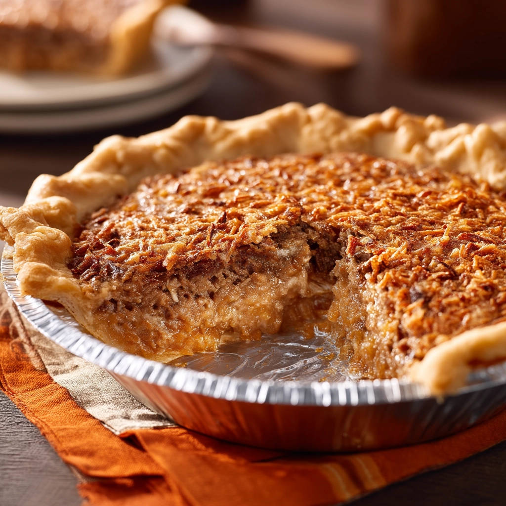 Classic Coconut Pecan Pie with a slice removed, showing its rich, gooey filling and toasted coconut topping.