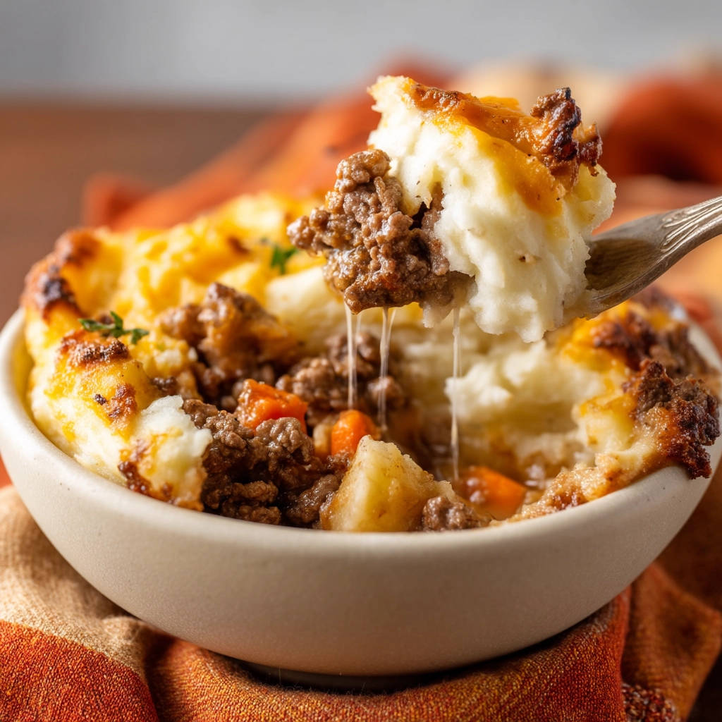 Cozy shepherd's pie with a forkful being lifted, showing the cheesy mashed potato topping and meaty filling.