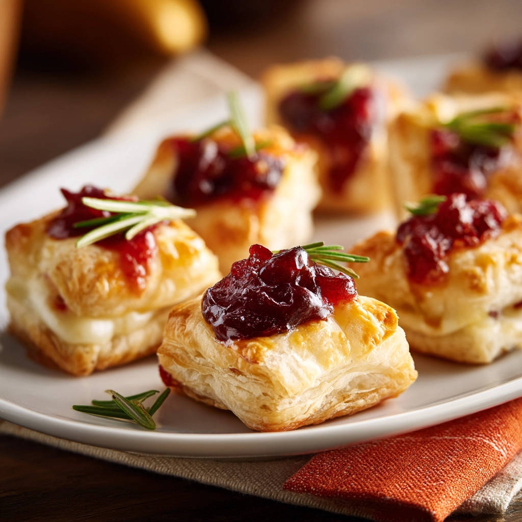 Cranberry brie bites are shown in a close-up, featuring a flaky pastry base topped with glistening cranberry jam and a sprig of rosemary.