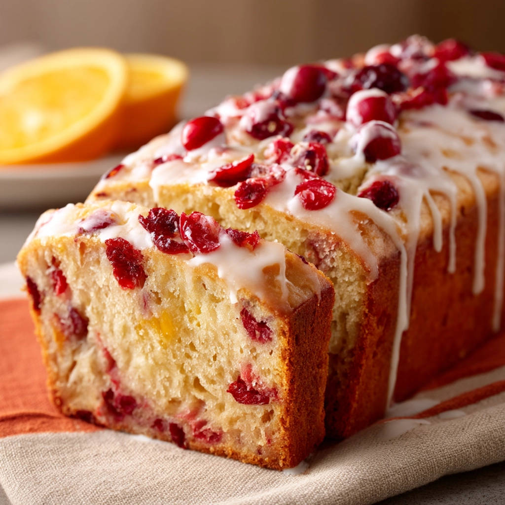 Cranberry orange quick bread sliced to reveal a moist interior with cranberries and orange zest.