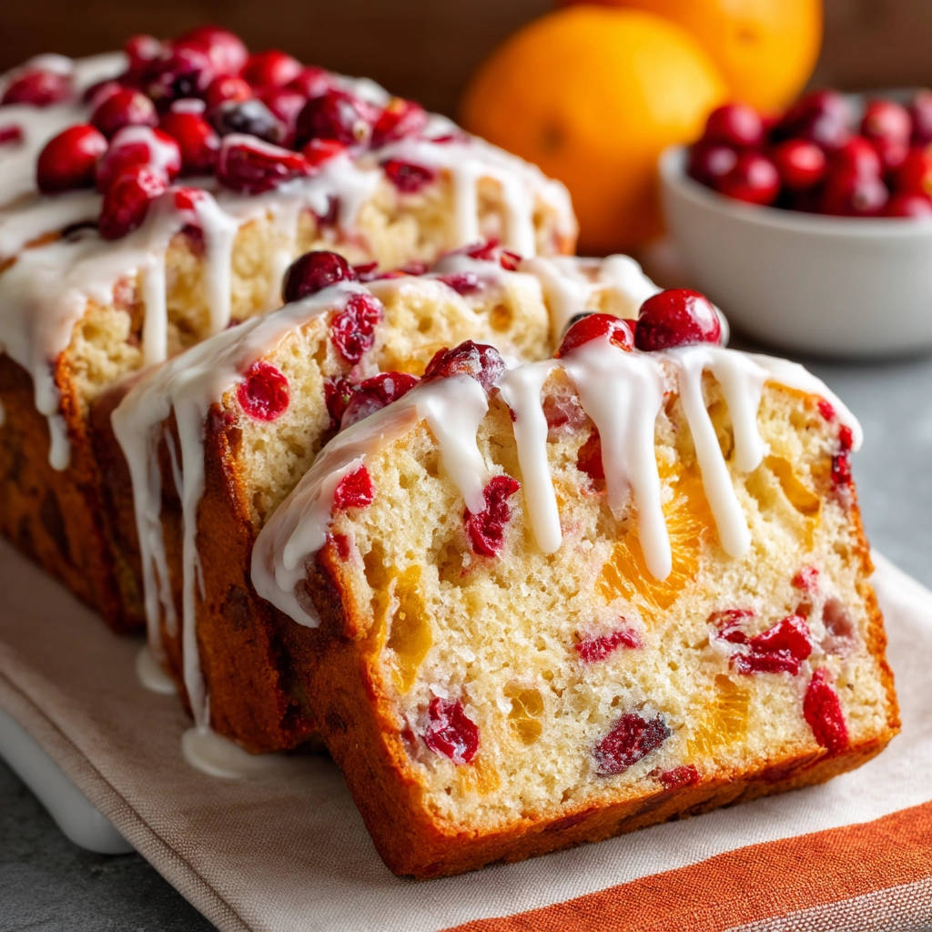 Cranberry orange quick bread sliced to reveal a moist interior with cranberries and orange pieces.