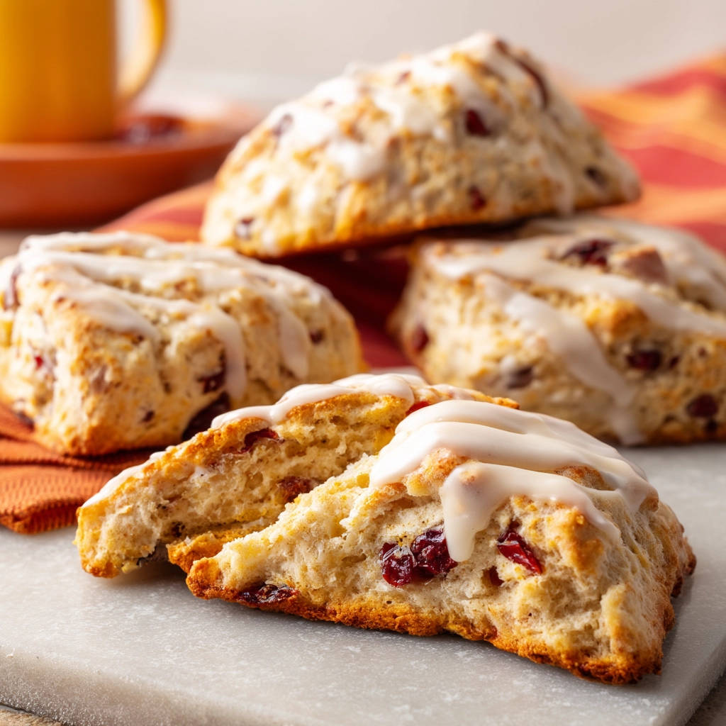 Cranberry orange scones, a close-up cross-section reveals the tender interior studded with cranberries.
