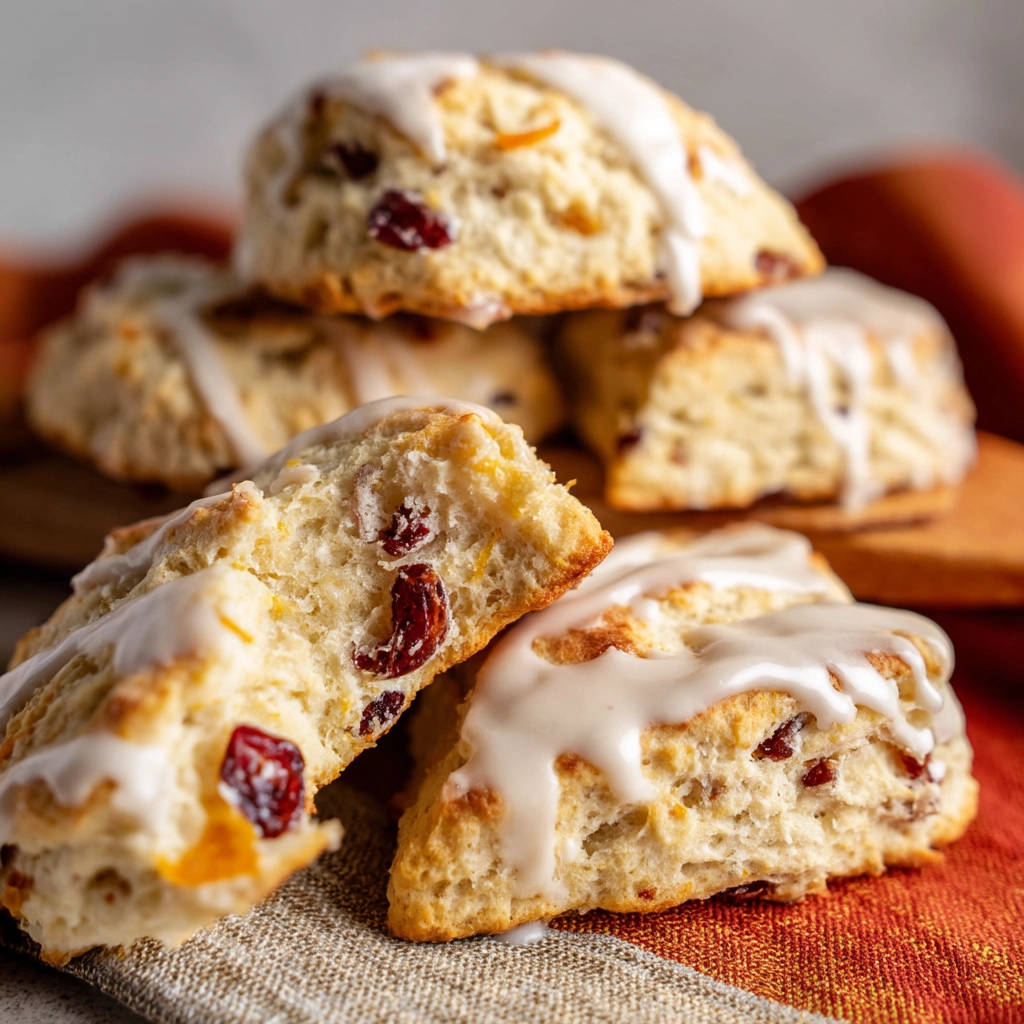 Cranberry orange scones with a close-up cross-section revealing tender crumb and dried cranberries.