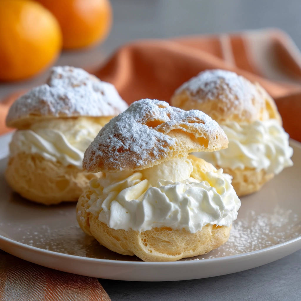 Cream puffs filled with whipped cream and dusted with powdered sugar on a plate.
