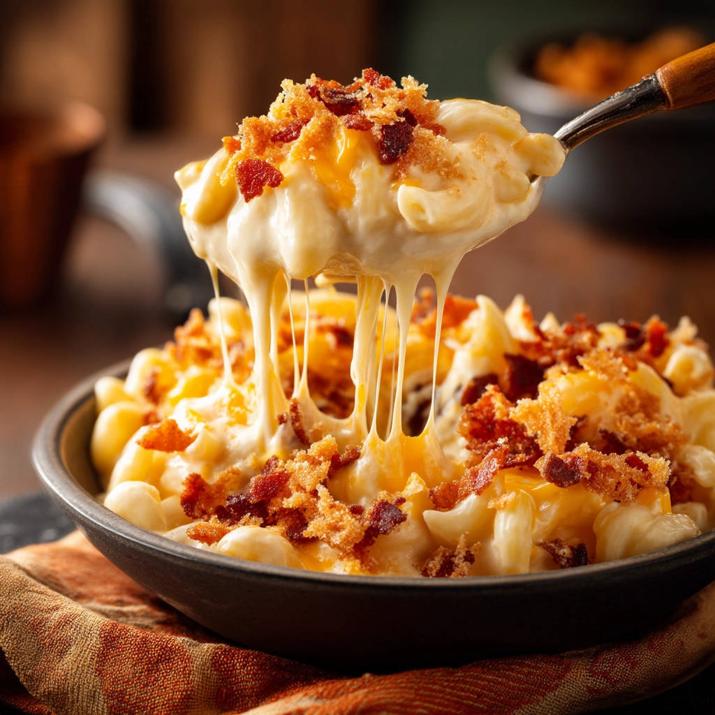 Creamy bacon mac and cheese being lifted with a spoon, showing strings of melted cheese.