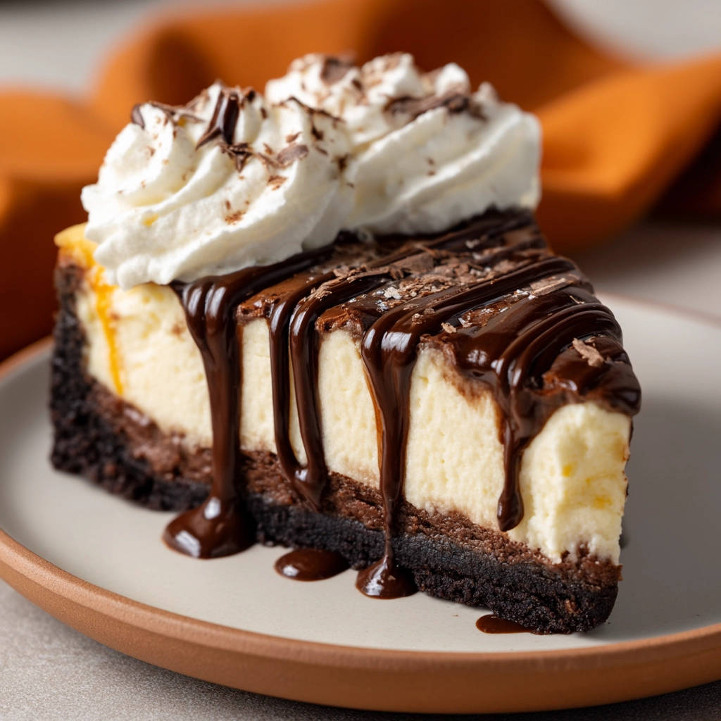 Creamy baked cheesecake slice with chocolate drizzle and whipped cream topping, showcasing its rich texture.